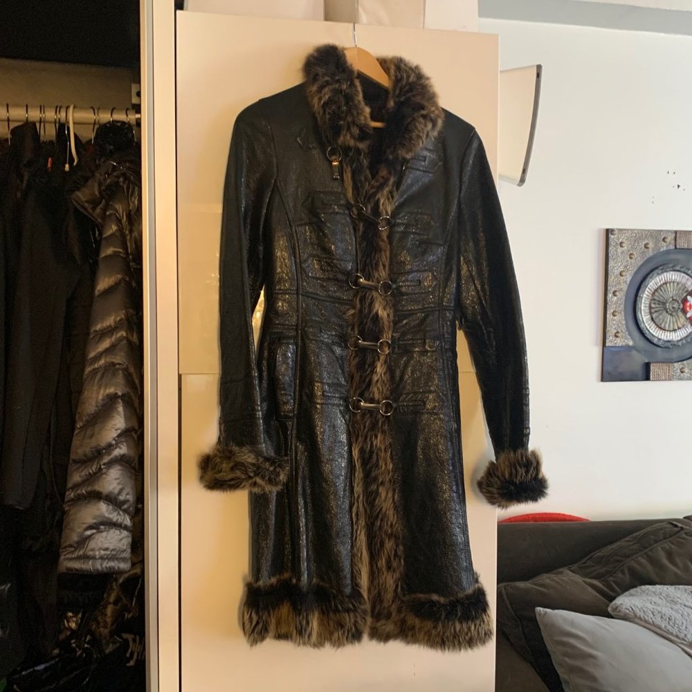 PASHA VENETO BLACK/ BROWN SHEARLING LEATHER FUR LINED TRIM COAT JACKET XS